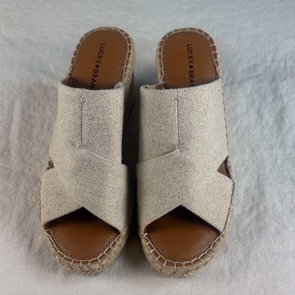 Lucky Brand Beige Canvas Espadrille Slide Sandals